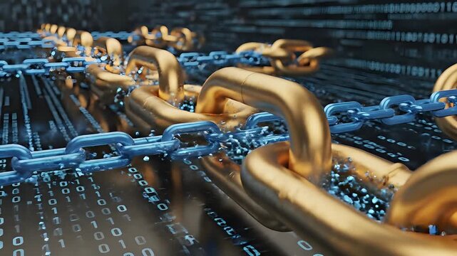 Abstract Digital Blockchain Network With Golden Chains And Binary Code.
