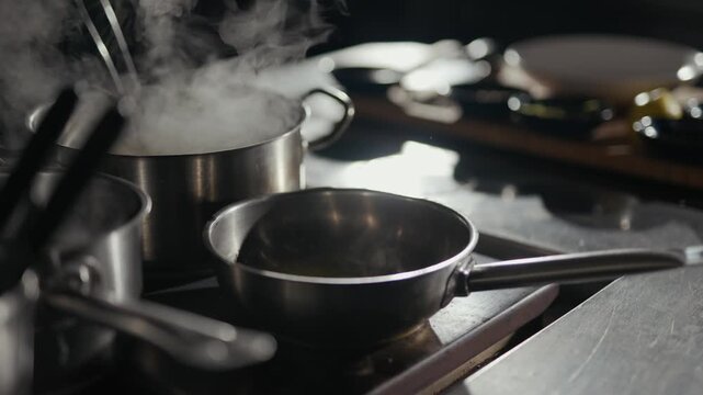 Steam rises from boiling pots on a professional stove. Cook's hand guides a pan with care. The kitchen buzzes with focused energy. Ideal for culinary or food preparation scenes