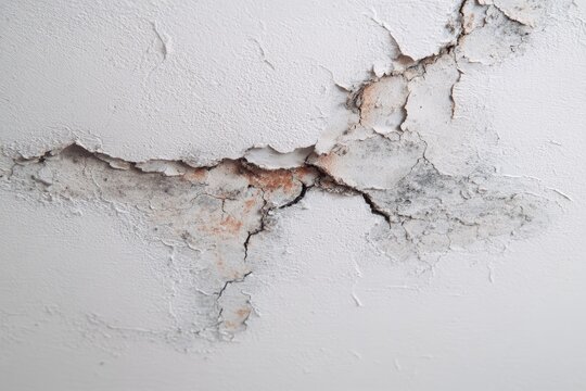 Close up of cracked and peeling white ceiling plaster with water damage.