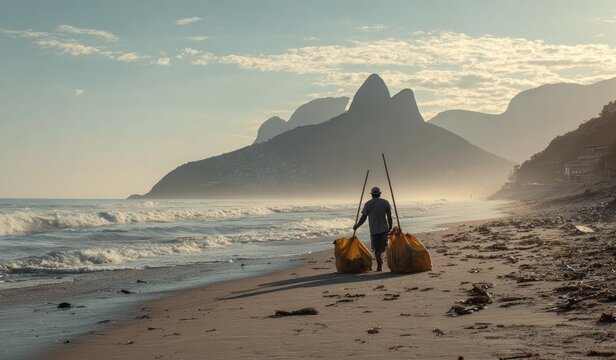 A solitary beach cleaner walks along a sandy shore at dusk, silhouetted against the backdrop of majestic mountains and the gentle rhythm of the ocean waves.
