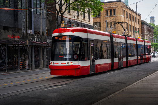 Toronto streetcar - red and white public transport tram - Toronto, Ontario, Canada