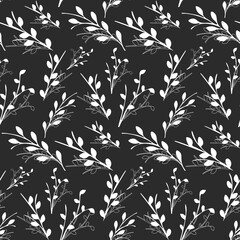 White branches and leaves create a seamless botanical pattern. Some elements are solid white, while others are outlines on a dark gray background. This design is simple and elegant. © okskukuruza