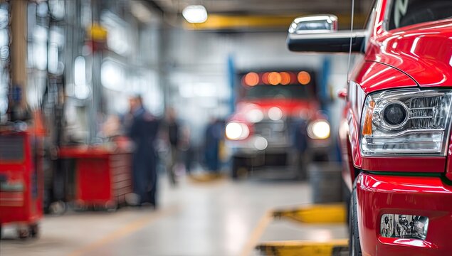 A vibrant red pickup truck takes center stage in a bustling automotive repair shop, showcasing the industry's mechanics and the vehicles they service.