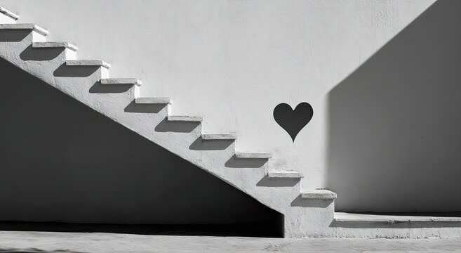 A black heart shape is playfully affixed to a white concrete staircase, creating a striking contrast of form and shadow in a minimalist black and white composition.