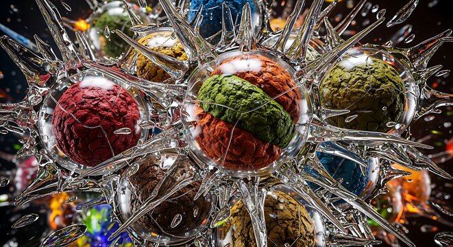 Abstract microscopic cells with spiky glass and colorful textures