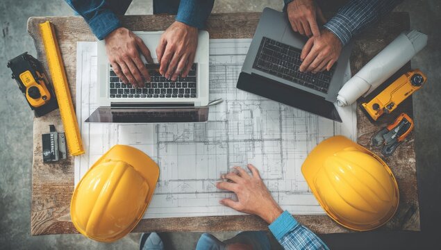 Two construction workers collaborate over architectural blueprints and laptops, utilizing tools like measuring tapes and a laser level to finalize project details.