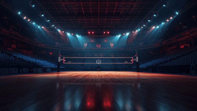 Empty volleyball court inside a large dark stadium with bright overhead spotlight illumination