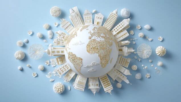 Miniature Cityscape Surrounds a Globe, Symbolizing Global Urbanization and Connectivity.