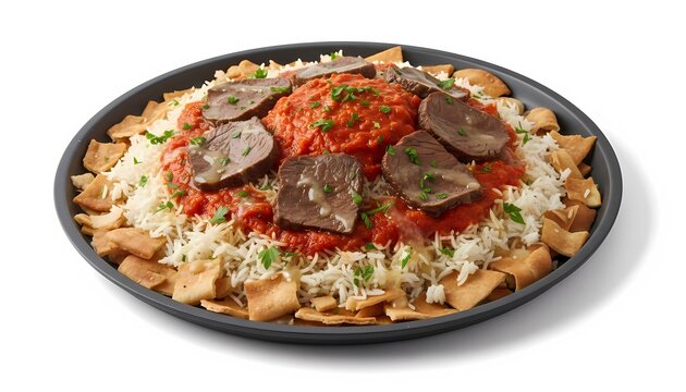 Middle Eastern Fatteh Plate with Sliced Beef and Red Sauce