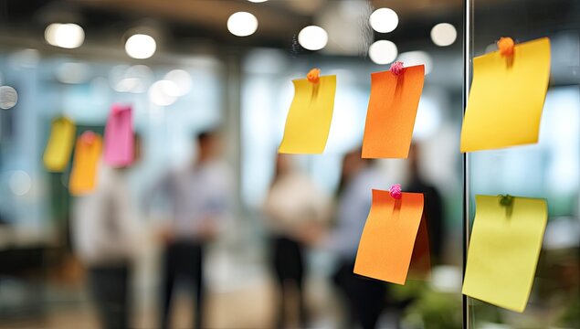 A close-up view showcases a collection of brightly colored sticky notes affixed to a glass surface, with a blurred office environment visible in the background, suggesting a collaborative workspace.