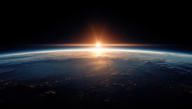A breathtaking view of Earth from space showcases a vibrant sunrise illuminating the planet's curvature and the twinkling lights of cities below.