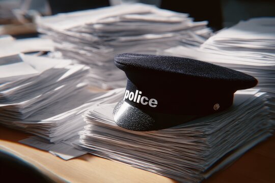 Police Hat Resting on Stack of Documents Symbolizing Law Enforcement Bureaucracy.