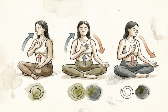 Meditation techniques for mindful breathing practice illustrated with human figures showcasing diverse postures for enhancing emotional well being and self awareness