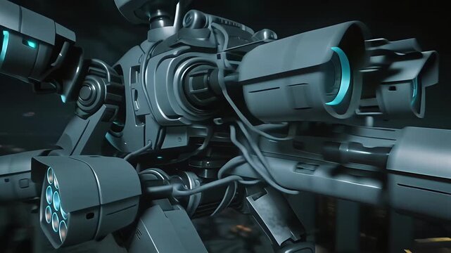 Futuristic Mech Robot with Glowing Blue Lights in Dark Cityscape.