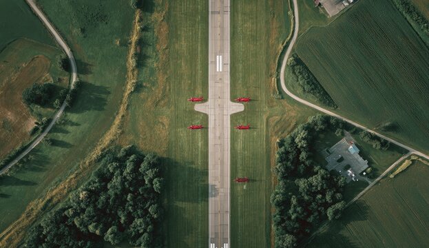 An aerial view showcases a long runway cutting through lush green fields and forests, with several small red airplanes positioned along its center.