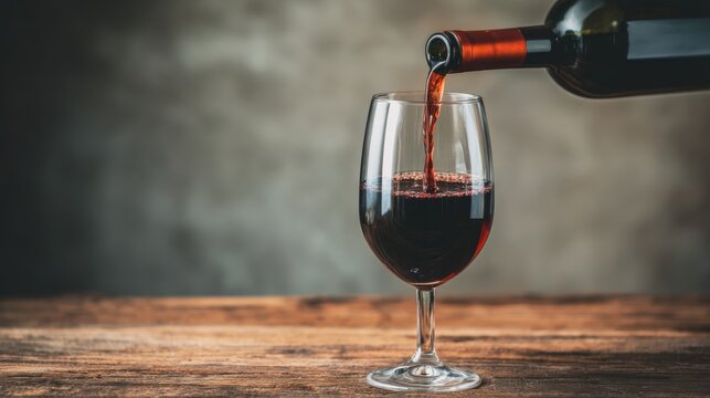 Malbec red wine being poured into glass from bottle. Elegant drink served on rustic wooden table, close-up shot with copy space. Wine tasting concept