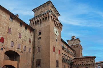 Fototapeta premium Castle Estense (Castello Estense) or St. Michael's Castle (Castello di San Michele) moated medieval castle, was built in 1385 by order of the Marquis Nicolo II d’Este. Ferrara, Emilia-Romagna, Italy.