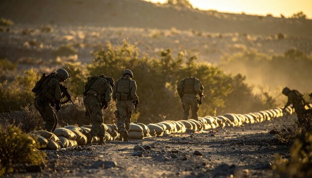 Military soldiers constructing a tactical defensive perimeter using heavy sandbags along a dusty desert road during a sunset training operation in a remote field.