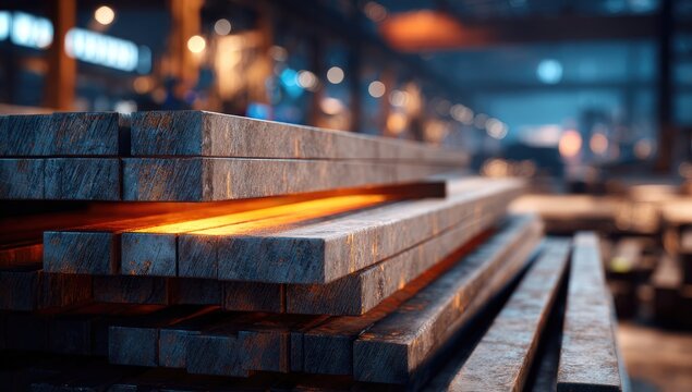 Hot Steel Billets Stacked in Industrial Foundry Ready for Processing.