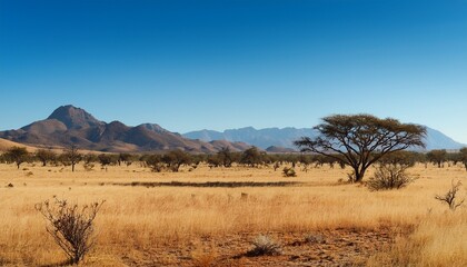 Fototapeta premium vast landscape with dry savanna distant mountain range under a clear blue sky featuring scattered trees and vegetation