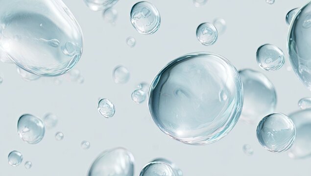 Close-up of Clear Water Droplets and Bubbles on a Light Blue Background.
