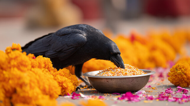 Black crow eating rice from ritual offering bowl among marigold flowers, Hindu memorial tradition, spiritual ceremony, ancestral offering, sacred custom and respectful cultural sce