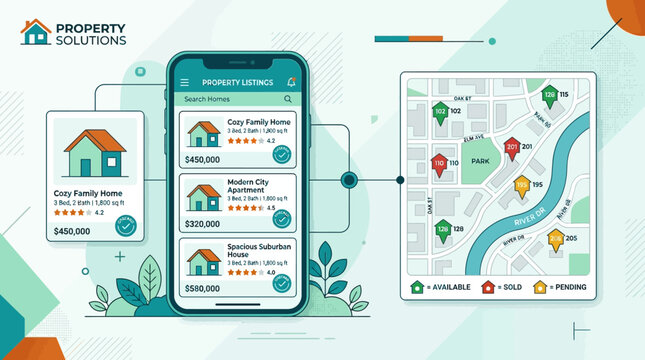 Innovative Property Solutions Concept Showcasing Digital Home Search, Mobile Listings, and Interactive Map Navigation for Real Estate