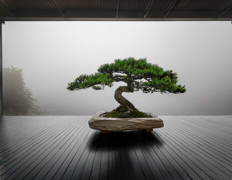 lone bonsai tree on stone platform in foggy minimalist room m zen balance and growth concept