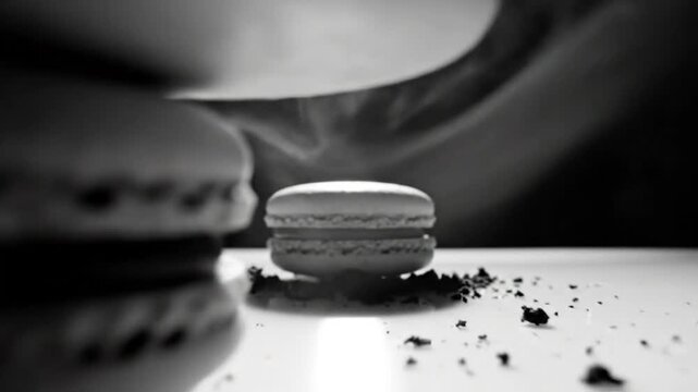 Black and white close up of macarons being meticulously arranged, showcasing artistic food photography