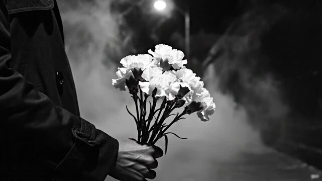 Melancholy person holding white carnation bouquet under nighttime street lamp against dark blurred background in black and white