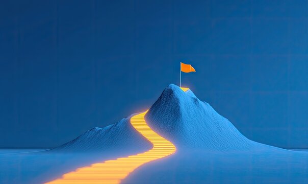 A surreal and captivating image depicts a glowing, golden staircase winding its way up a textured, blue mountain, culminating in an orange flag atop the peak, symbolizing achievement and aspiration.