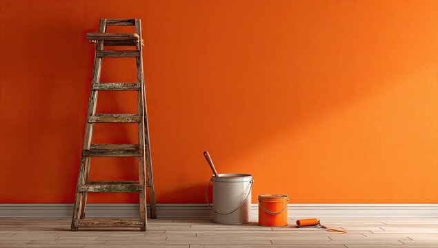 A rustic wooden ladder leans against a vibrant orange wall alongside a paint bucket and roller, suggesting a home improvement project.