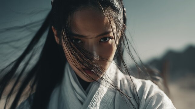 fierce warrior woman in flowing ancient robe dramatic cinematic fantasy portrait