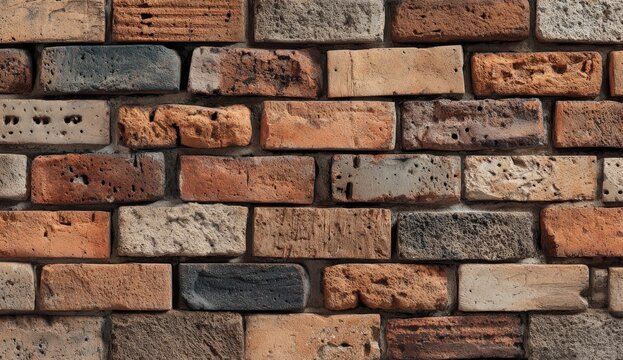 A detailed close-up showcases a textured brick wall with a diverse range of colors and patterns, highlighting the rustic charm and architectural detail.