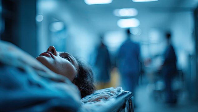 Patient on Stretcher in Hospital Corridor with Blurred Figures.