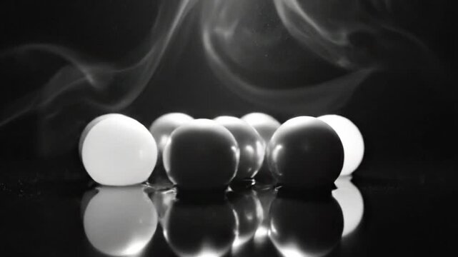 Black and white still life with luminous spheres and ethereal wisps on reflective surface
