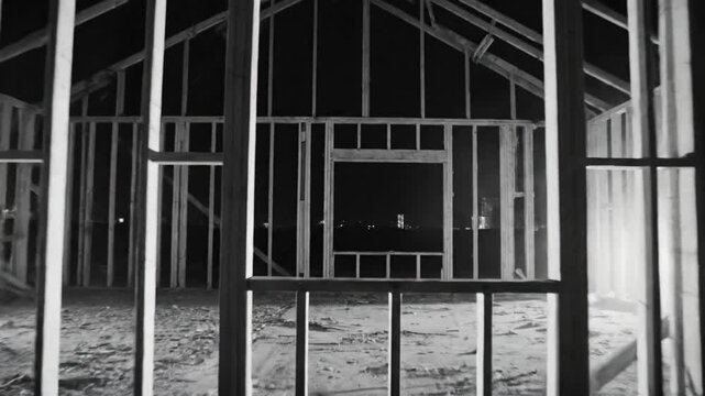 Black and white time lapse of a wooden house frame illuminated at night with city lights in the background