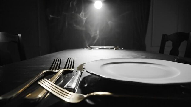 Dramatic moody dining table setting with spotlight and smoke in black and white, waiting for a meal