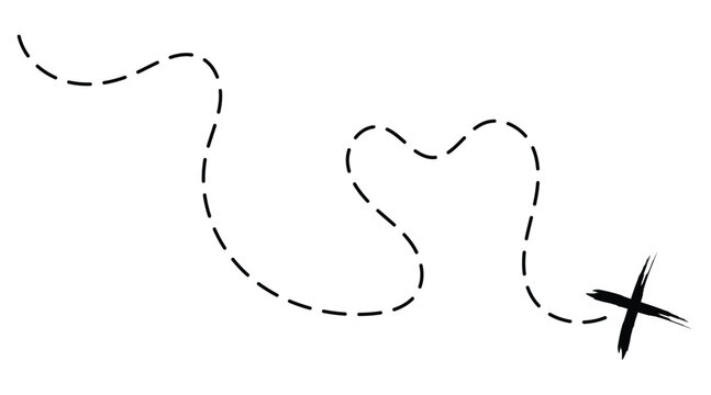 Treasure map element in black. A dashed line and red X mark ink on the map, the treasure map with a dotted line, X marks the spot, dashed line trail to an X on the left