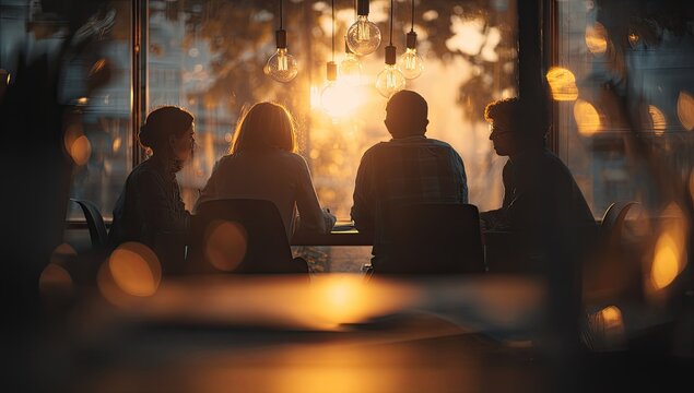 Silhouetted figures are gathered around a table bathed in warm light from hanging Edison bulbs, creating a cozy and intimate atmosphere.