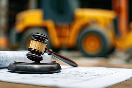 Gavel and Construction Equipment Symbolizing Legal Disputes in the Building Industry.
