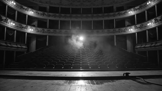 Dramatic Empty Theater Interior with Mystical Fog and Stage Lighting creating atmosphere for performance or show
