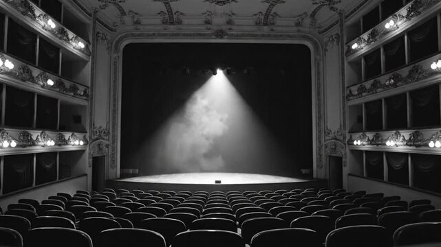 Empty theater hall with stage spotlight creating dramatic atmosphere before showtime begins