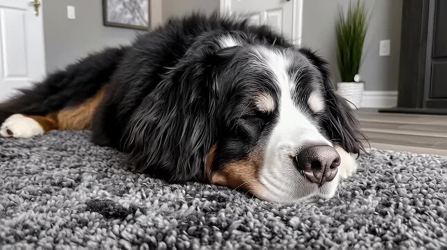 A Bernese Mountain Dog peacefully sleeps on a cozy rug in a warm and inviting home interior conveying comfort relaxation and domestic tranquility