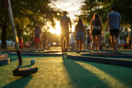 People enjoying a game of mini golf at sunset with golden light.