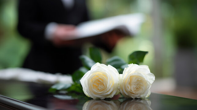 White roses on glossy coffin surface with blurred officiant holding book in background, funeral ceremony concept, sympathy, remembrance, mourning, elegant farewell and respectful m