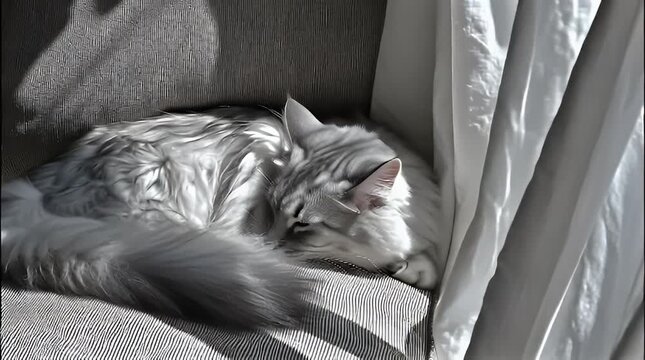 A fluffy gray tabby cat peacefully sleeps curled up in a sunbeam on a cozy sofa bathed in soft light and creating a tranquil domestic scene