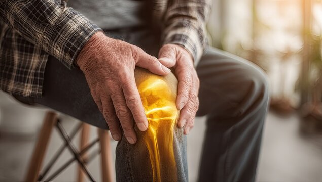 Elderly Man Gripping Knee in Pain Showing Bone Inflammation.