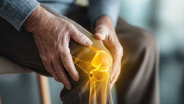 Elderly Man Gripping Knee in Pain with Glowing Joint.