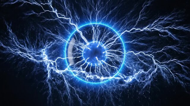 Abstract blue plasma sphere with electric discharge on black background